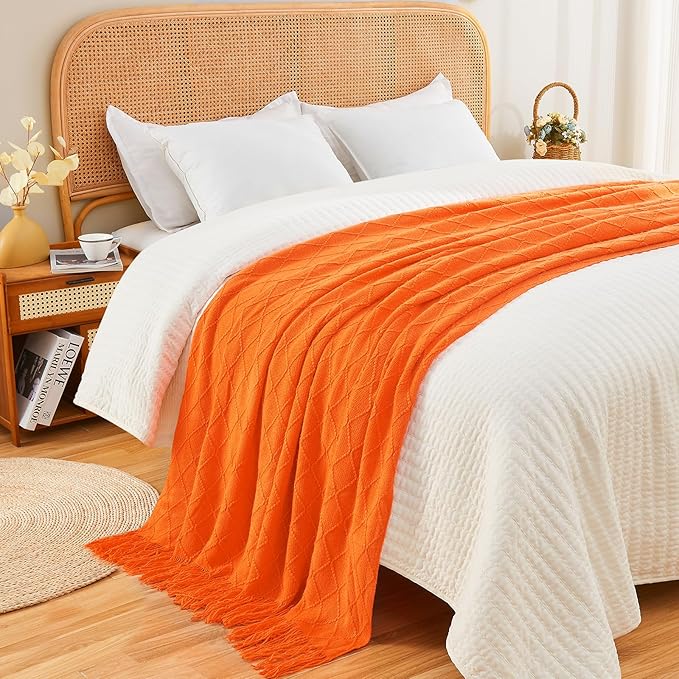 CozyNest Decor fall throw blanket in burnt orange, soft knitted fabric, 50x60 inches, perfect for couch or outdoor autumn decor.