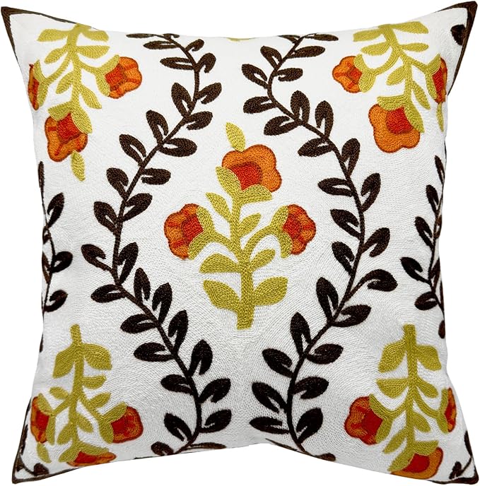 CozyNest Decor Alysheer floral embroidered fall throw pillow cover with orange flowers, brown leaves, knit pattern, 18x18 inches.