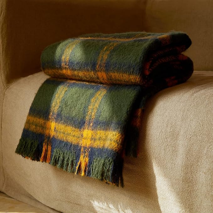 CozyNest Decor green plaid throw blanket with tassels, lightweight and soft, perfect for sofa or bed decor, 50x60 inches.