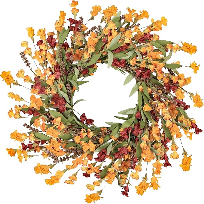 CozyNest Decor fall wreath with red, orange, and yellow flowers, 24-inch front door floral wreath for outdoor or indoor seasonal decor