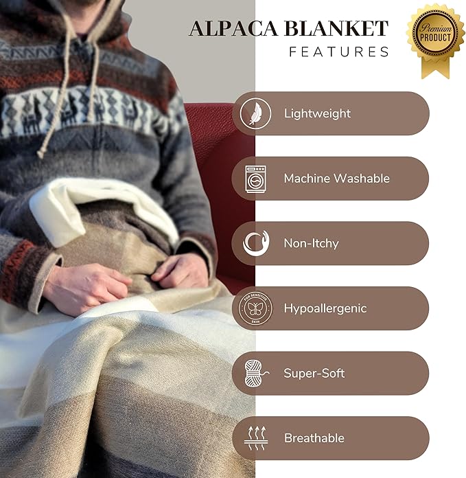 CozyNest Decor Latitude Zero alpaca wool throw blanket in brown, ultra-soft, breathable, hypoallergenic, non-itchy fabric for warmth.