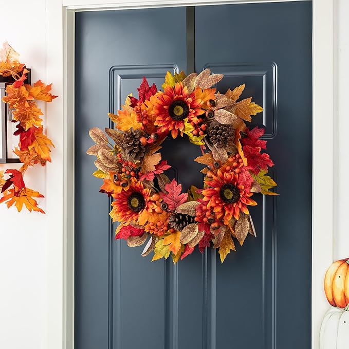 CozyNest Decor 24-inch fall wreath with sunflower, pinecones, and berries on a hanger, suitable for front door or holiday decor