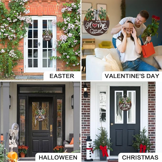 Rustic round wooden welcome sign by CozyNest Decor featuring seasonal and holiday designs, perfect for front door decor.