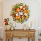CozyNest Decor 24-inch fall wreath with pumpkins, peonies, sunflowers, and dahlias for front door autumn decor.