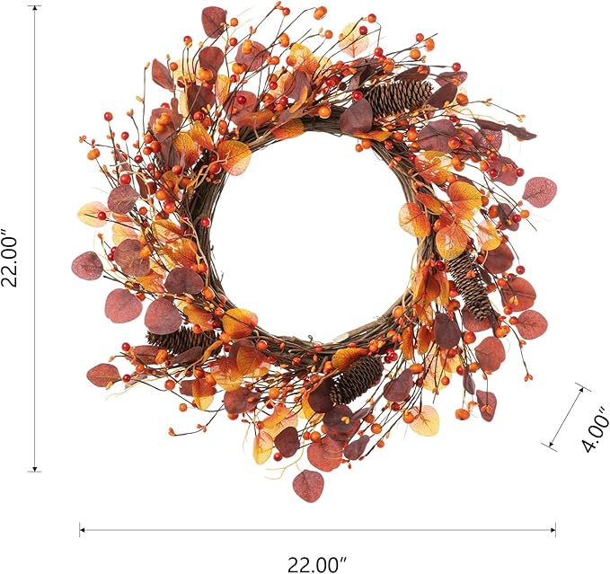 CozyNest Decor 22-inch fall eucalyptus berry wreath with rustic hanging ornaments, ideal for front door or wall decor.