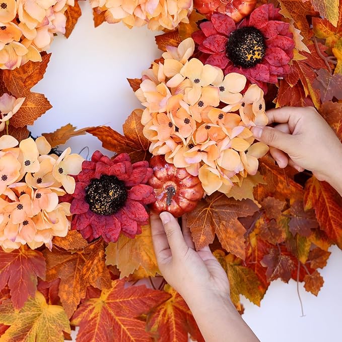 Large 28-inch fall wreath with artificial maple leaves, sunflowers, hydrangeas, pumpkins, perfect for front door or porch decor.