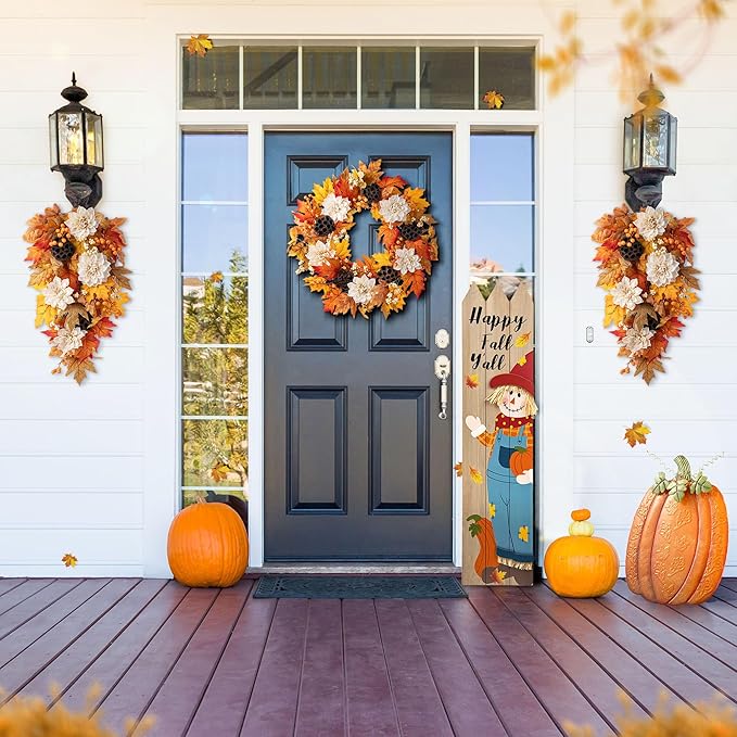 CozyNest Decor 24-inch fall sorghum wreath with metal hanger, perfect for front door or indoor harvest holiday decorations.
