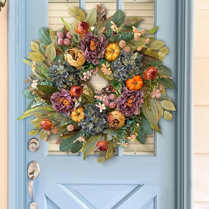 CozyNest Decor 24-inch fall wreath with blue hydrangea, purple peony, orange pumpkins, perfect for front door autumn decoration