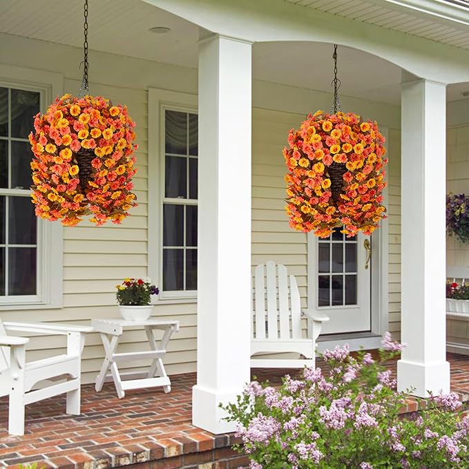 Artificial fall hanging flowers basket with orange and yellow silk morning glory vines, UV resistant for outdoor porch or garden decor.