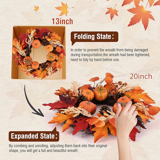 20-inch CozyNest Decor fall wreath with berries, pumpkins, maple leaves, pine cones, and a hook for front door or porch decor.