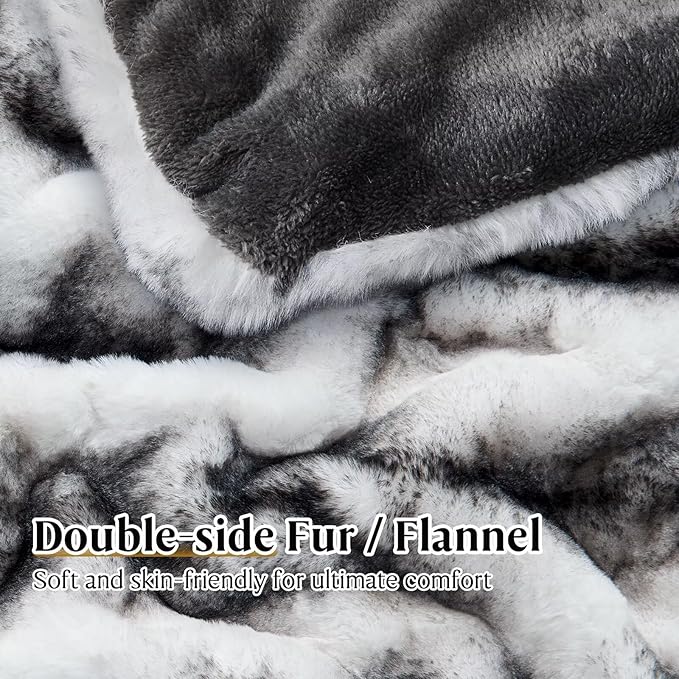 CozyNest Decor luxury faux fur bed blanket in black and white, soft plush throw for sofa, bed, or living room decor.