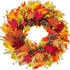 CozyNest Decor 24-inch fall wreath with orange berries, pine cones, wood maple leaves for front door or indoor wall decor