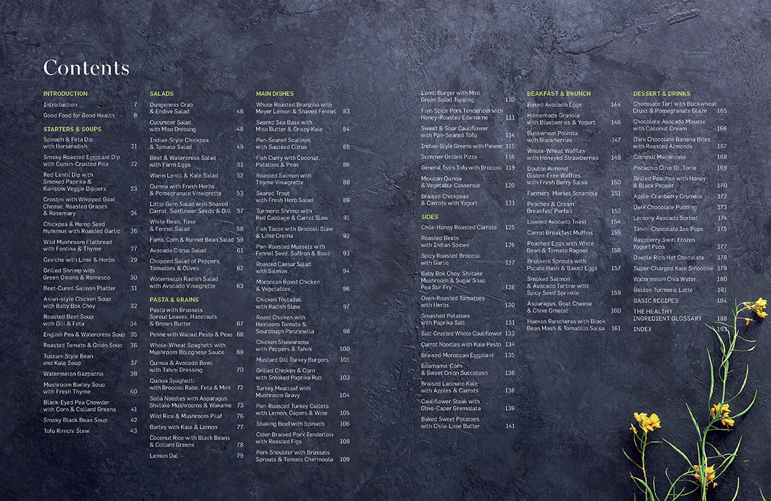 Inside view of the hardcover "Everyday Healthy Cookbook" by Insight Editions, showing colorful pages with healthy recipes.