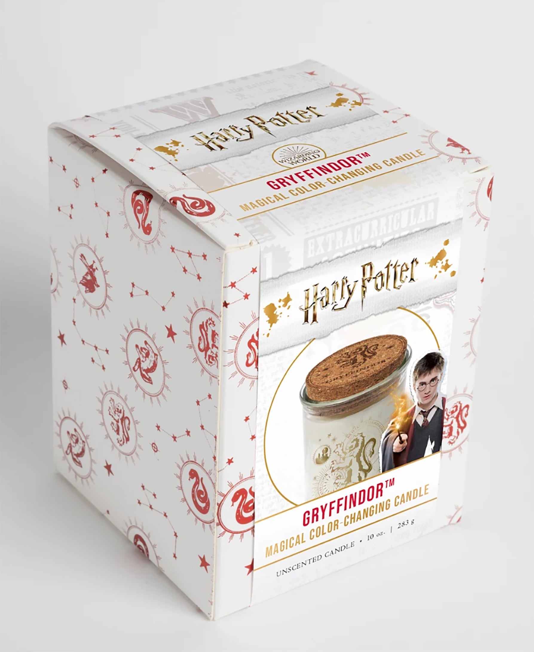 Color-changing Gryffindor candle from Harry Potter series, with a Harry Potter-themed design, ideal for home decor.