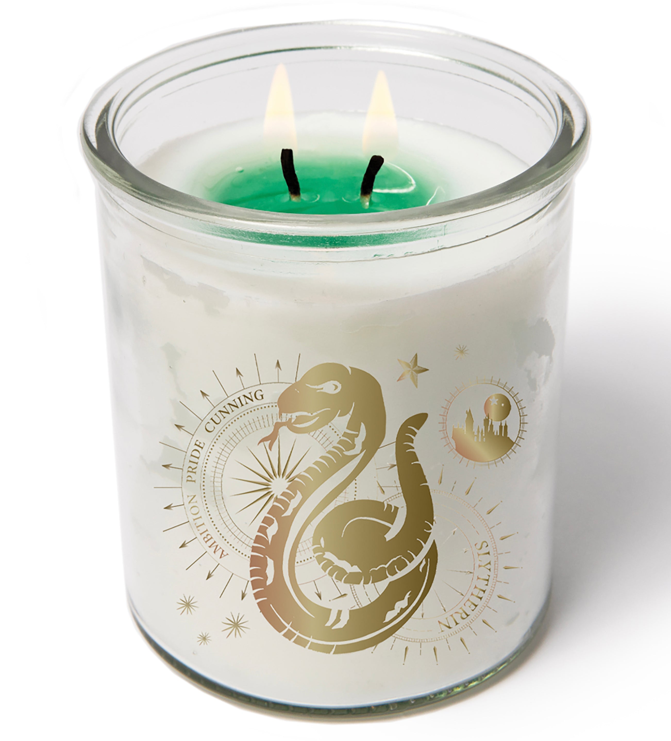 Color-changing Slytherin candle from Harry Potter magical home goods collection by Insight Editions, featuring green Slytherin house design.