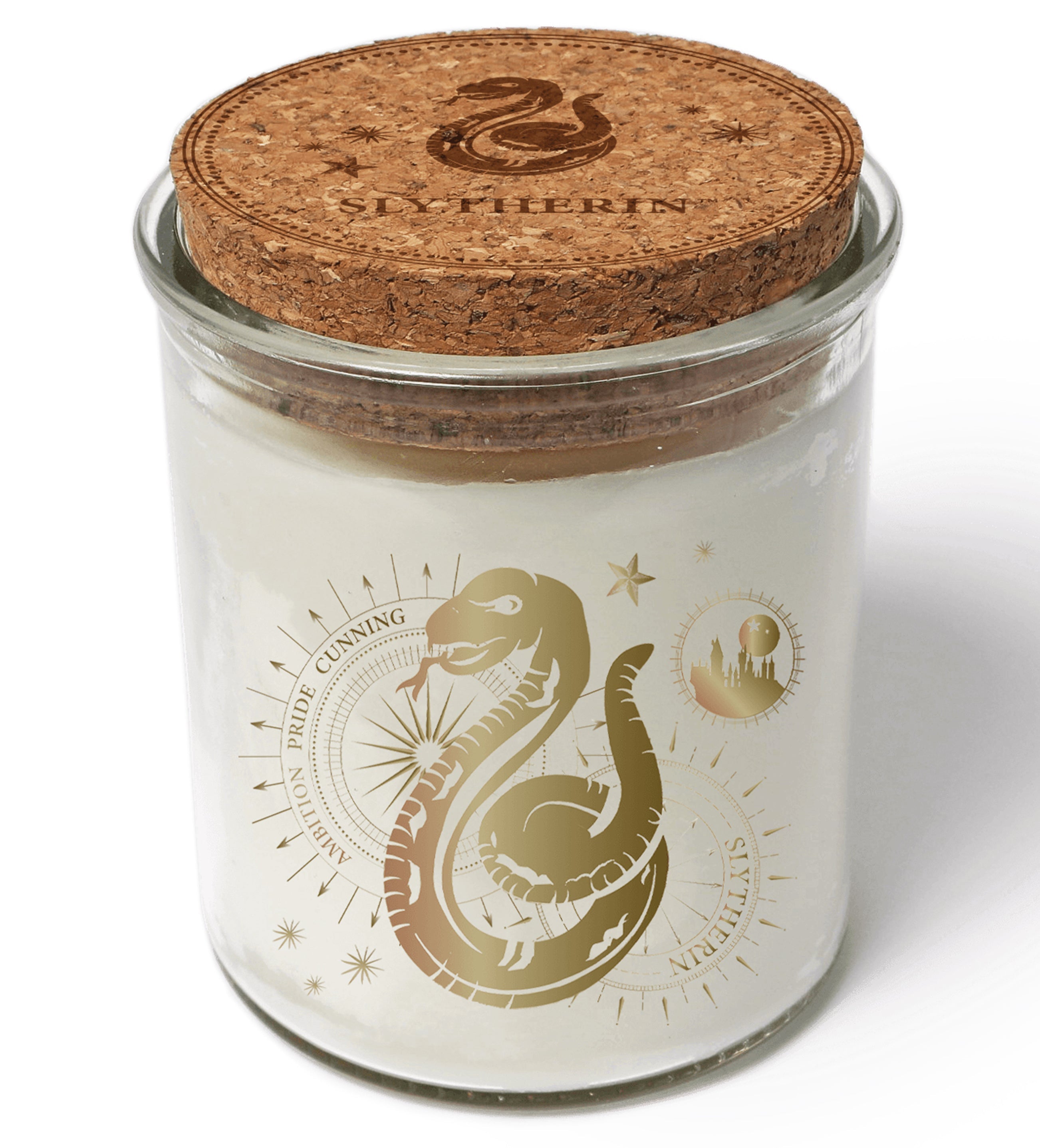 Color-changing Slytherin Harry Potter candle from Insight Editions, featuring detailed Slytherin crest and magical interior design.