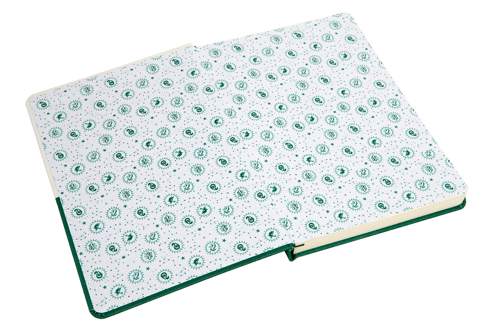 Inside view of the Harry Potter Slytherin Constellation hardcover ruled journal by Insight Editions, featuring starry Slytherin design pages.