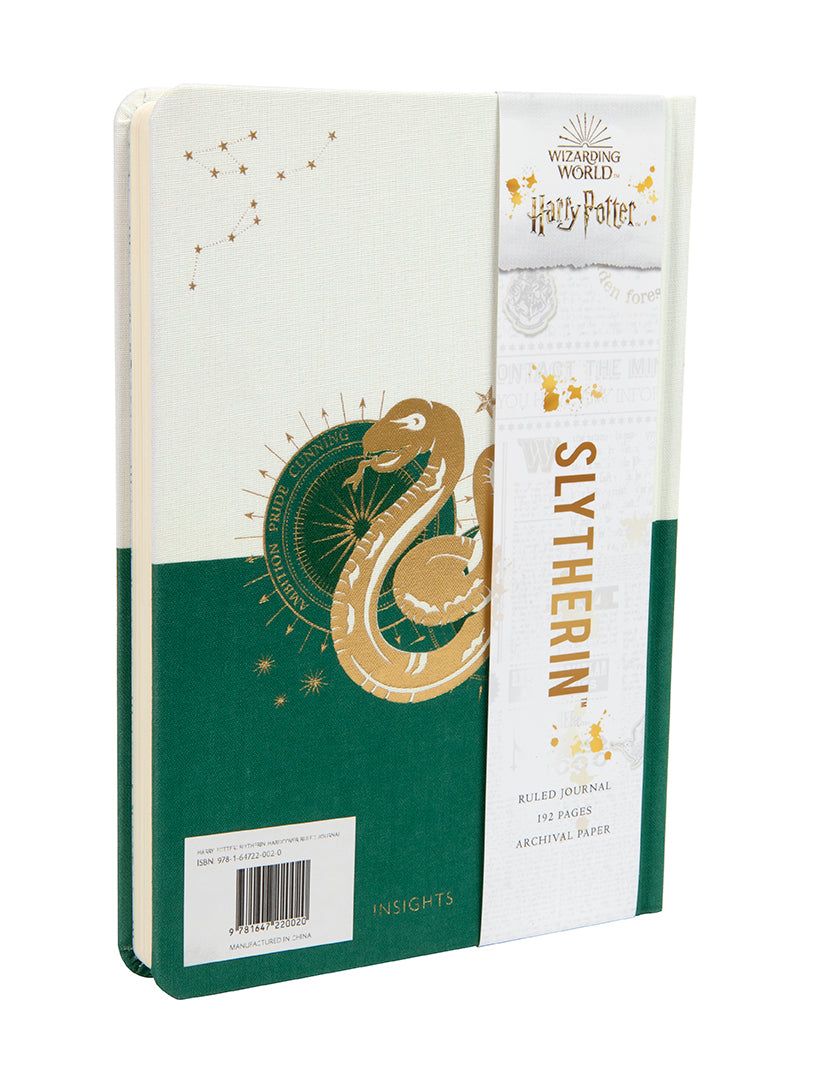 Inside of a Harry Potter Slytherin Constellation hardcover ruled journal by Insight Editions, showing pages with constellation-themed illustrations.