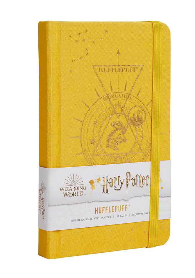Hardcover Harry Potter Hufflepuff Constellation Ruled Pocket Journal with celestial design and Hufflepuff emblem on the cover.
