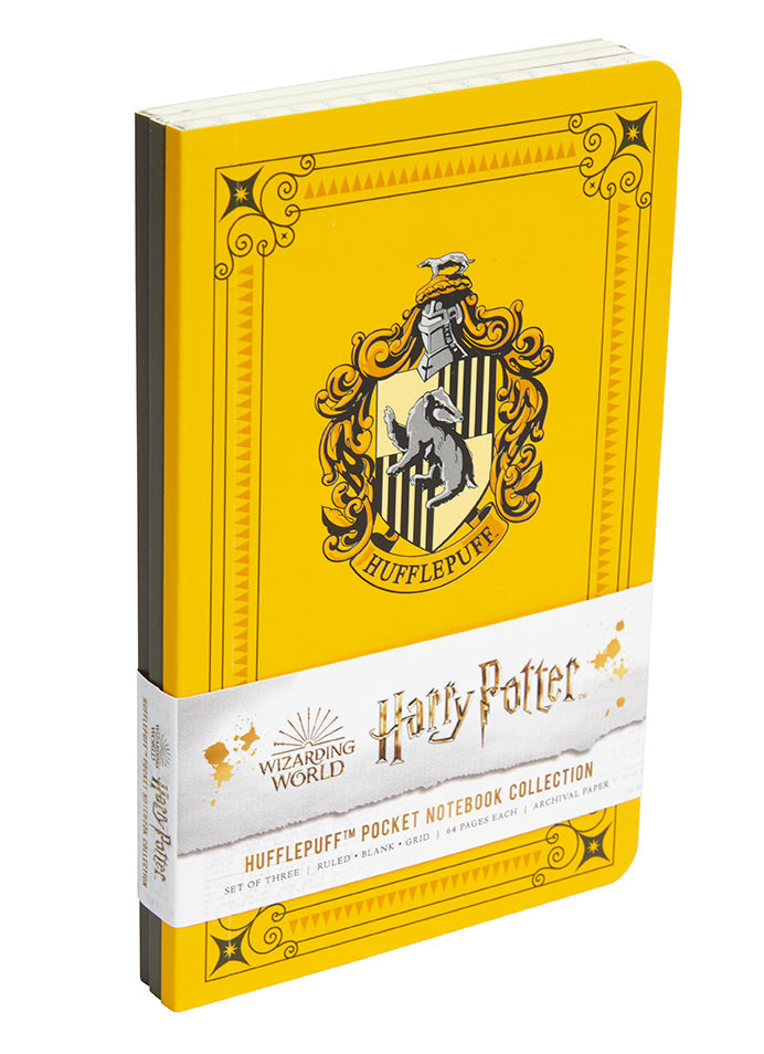 Set of three Harry Potter Hufflepuff softcover pocket notebooks from Insight Editions, featuring interior pages and Hufflepuff design.