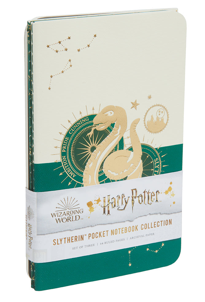 Set of three softcover Harry Potter Slytherin constellation sewn pocket notebooks by Insight Editions, featuring magical house designs.