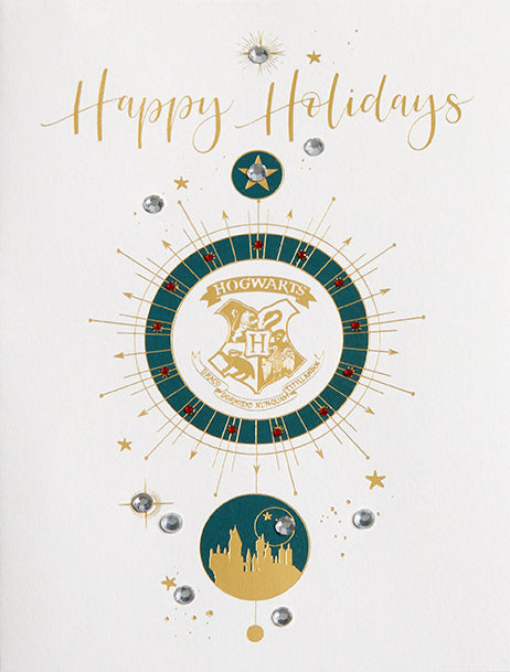 Harry Potter Hogwarts Crest holiday card with embossed crest and festive design, perfect for fans and home decor.