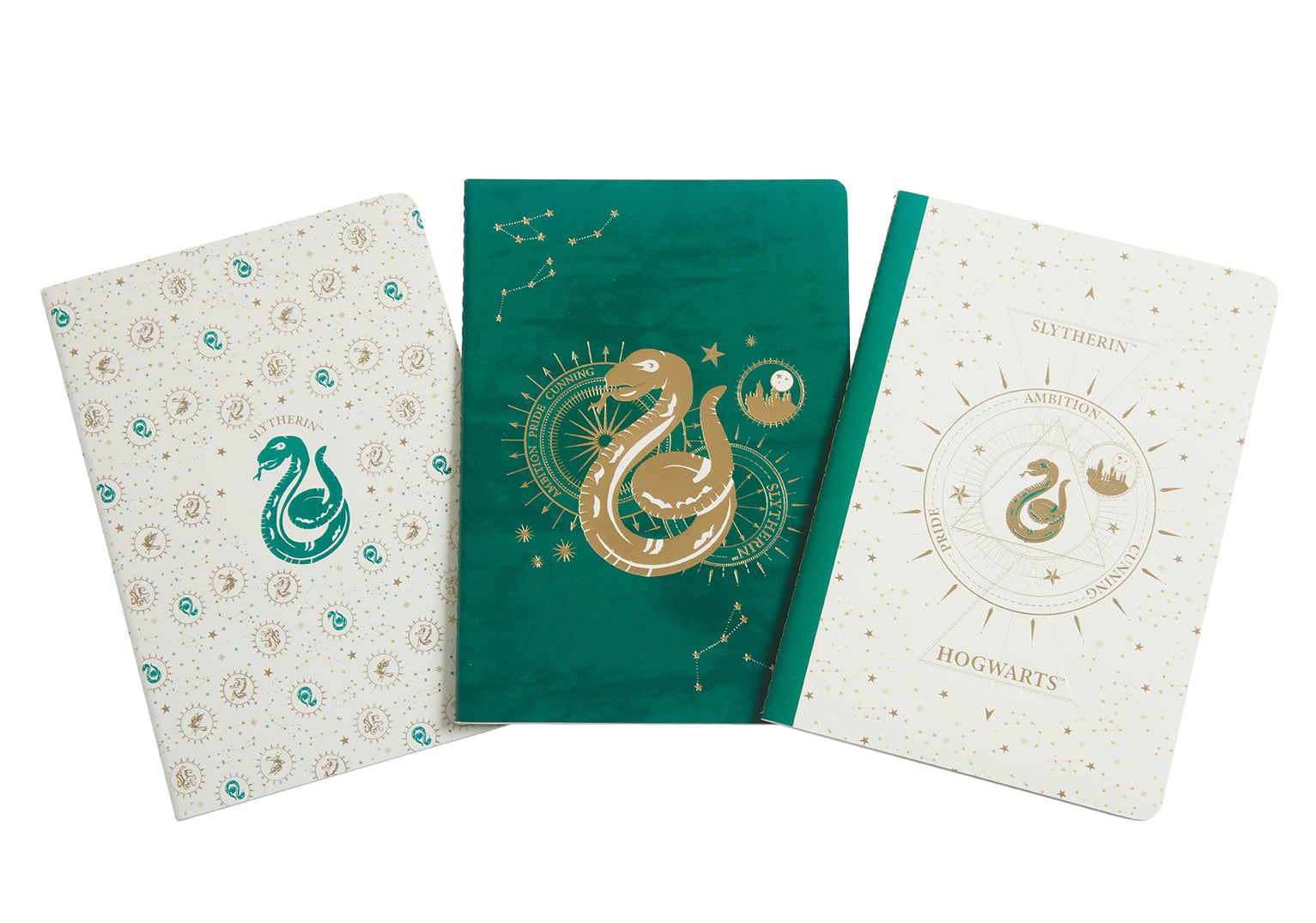 Set of three Harry Potter Slytherin constellation sewn softcover notebooks by Insight Editions, featuring magical green and silver cover designs.