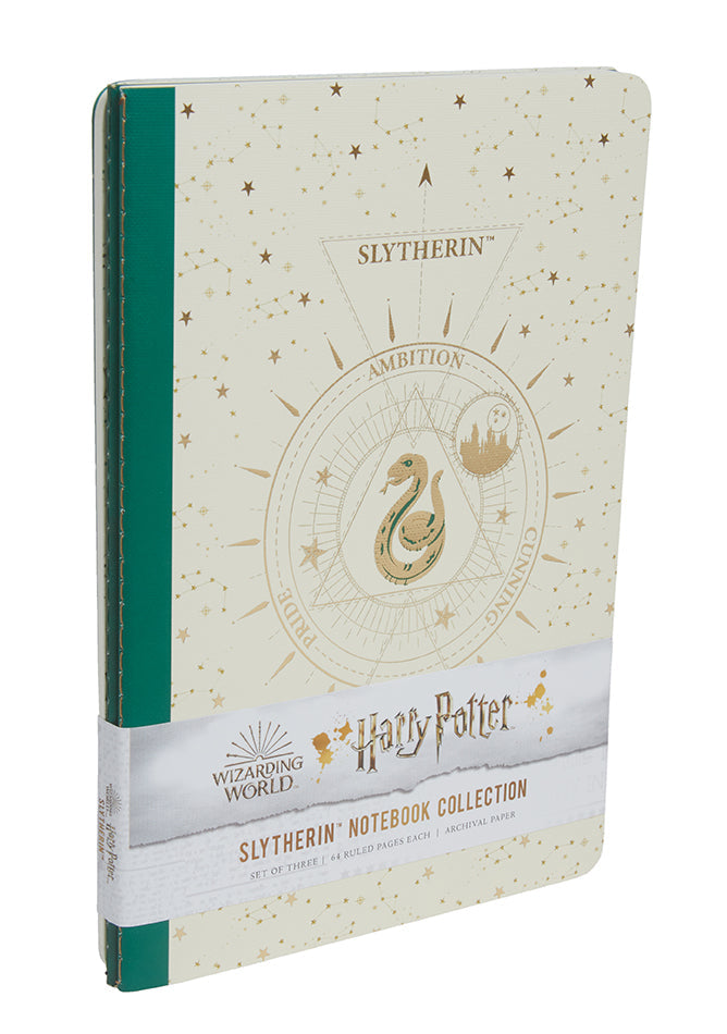 Set of three softcover Harry Potter Slytherin constellation sewn notebooks by Insight Editions, featuring celestial Slytherin designs inside.
