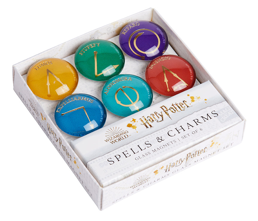Set of six Harry Potter spells and charms glass magnets featuring magical symbols, perfect for home decor.