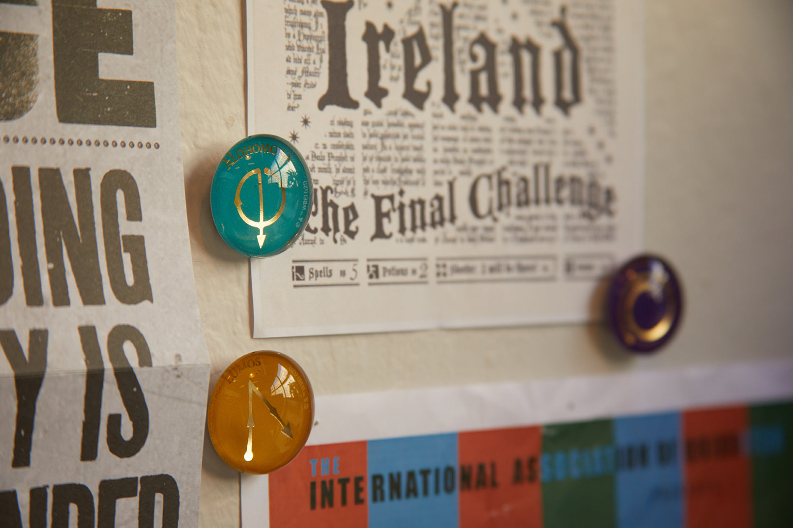 Set of six Harry Potter spells and charms glass magnets featuring magical symbols, ideal for home decor and display.