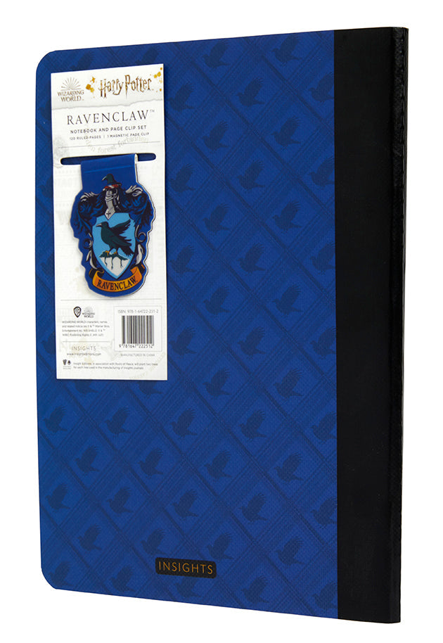 Inside of Harry Potter Ravenclaw Notebook with lined pages and a Ravenclaw-themed page clip, softcover journal by Insight Editions.