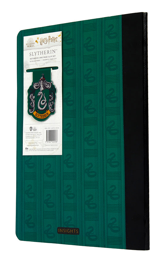 Softcover Harry Potter Slytherin notebook and page clip set by Insight Editions, featuring green cover and magical design elements.