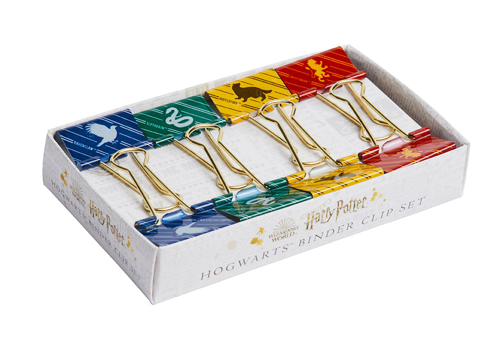 Set of 8 Harry Potter Hogwarts binder clips from Insight Editions, featuring magical designs for home or office organization.