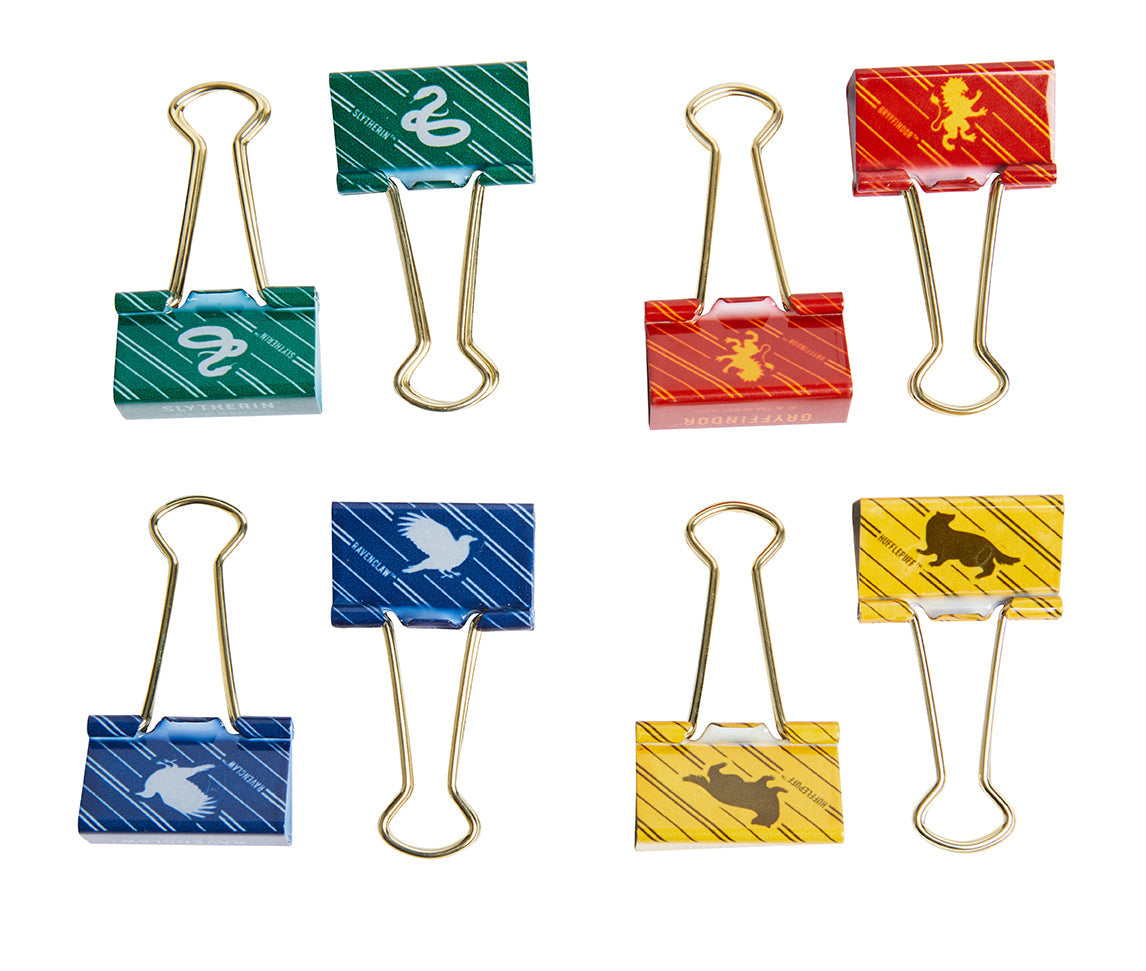 Set of 8 Harry Potter Hogwarts binder clips by Insight Editions, featuring magical house crests and wizarding designs.