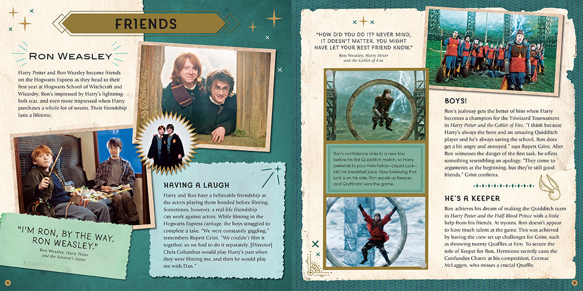 Open hardcover Harry Potter scrapbook by Insight Editions showing colorful movie scenes and collectible memorabilia pages.