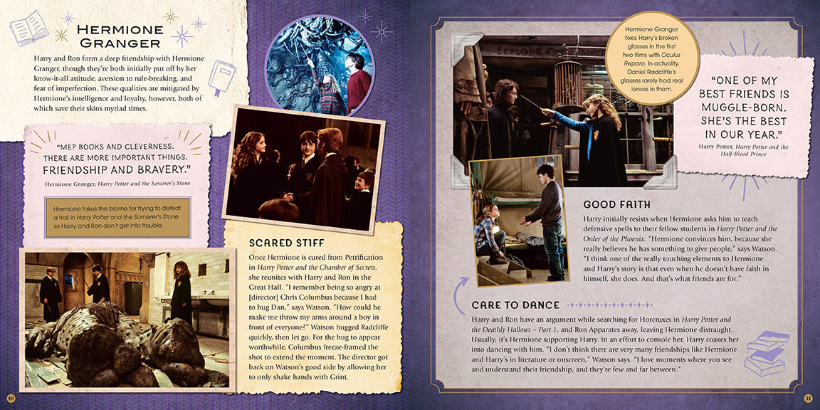 Inside view of the hardcover Harry Potter: Friends & Foes scrapbook by Insight Editions, featuring colorful pages and movie memorabilia.