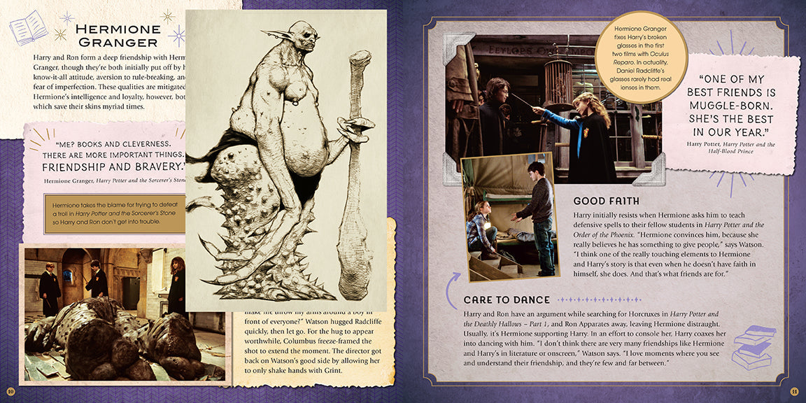 Open hardcover Harry Potter scrapbook by Insight Editions, showcasing colorful pages filled with movie memorabilia and illustrations.