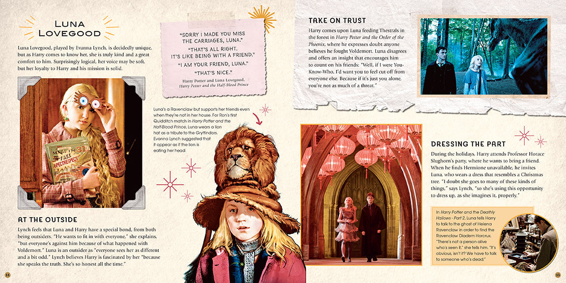 Inside view of the hardcover Harry Potter: Friends & Foes scrapbook by Insight Editions, featuring illustrated pages and collectible content.