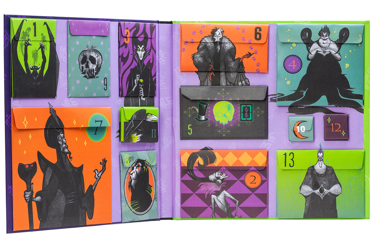 Inside view of the hardcover Disney Villains: 13 Frights of Halloween book by Insight Editions featuring spooky villain illustrations.