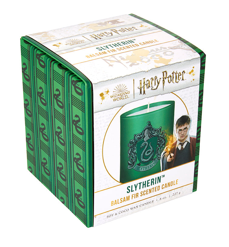 Slytherin scented glass candle from Harry Potter home goods collection featuring a green Slytherin logo on the glass container.