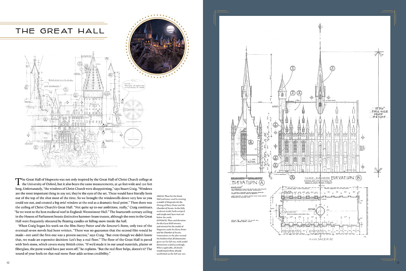 Interior page of Harry Potter: The Blueprints hardcover book by Insight Editions, featuring detailed blueprint illustrations and designs.