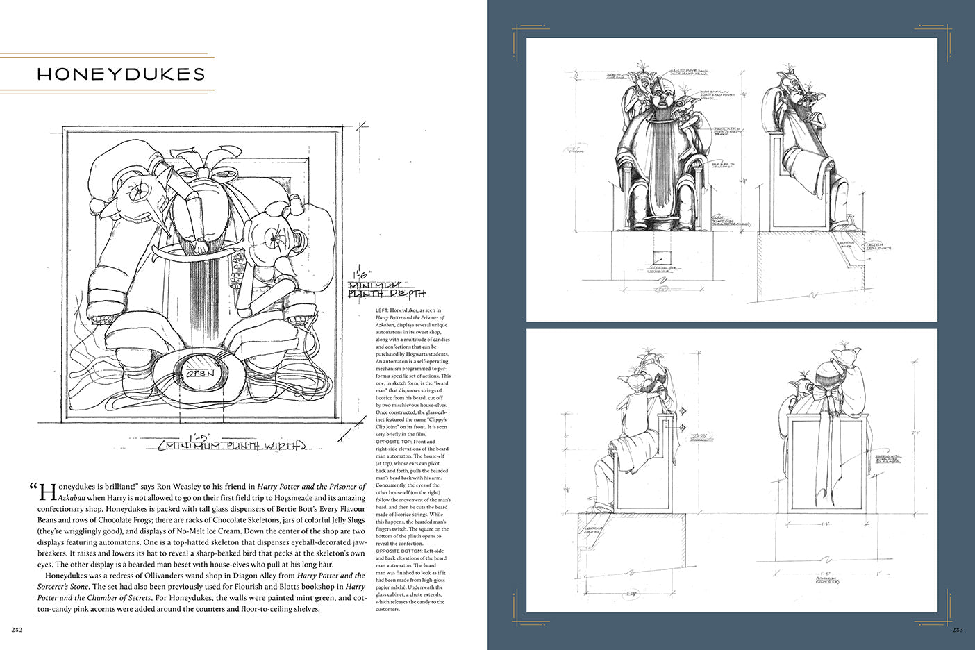 Inside view of the hardcover Harry Potter: The Blueprints book by Insight Editions, showing detailed blueprint illustrations.