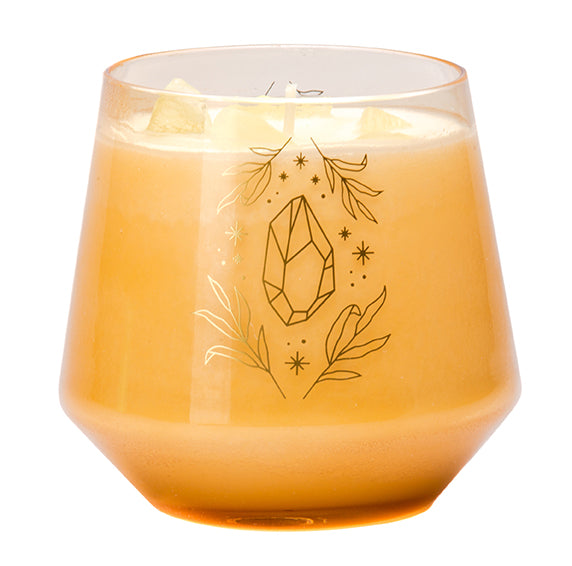 Citrine crystal healing scented glass candle in a decorative jar, designed for home ambiance and positive energy.