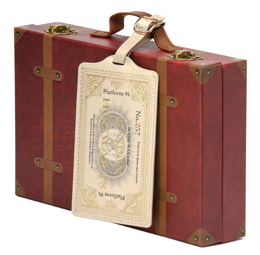 Insight Editions Harry Potter Platform 9-3/4 travel kit interior with luggage tags and accessories, themed for Hogwarts Express journey.