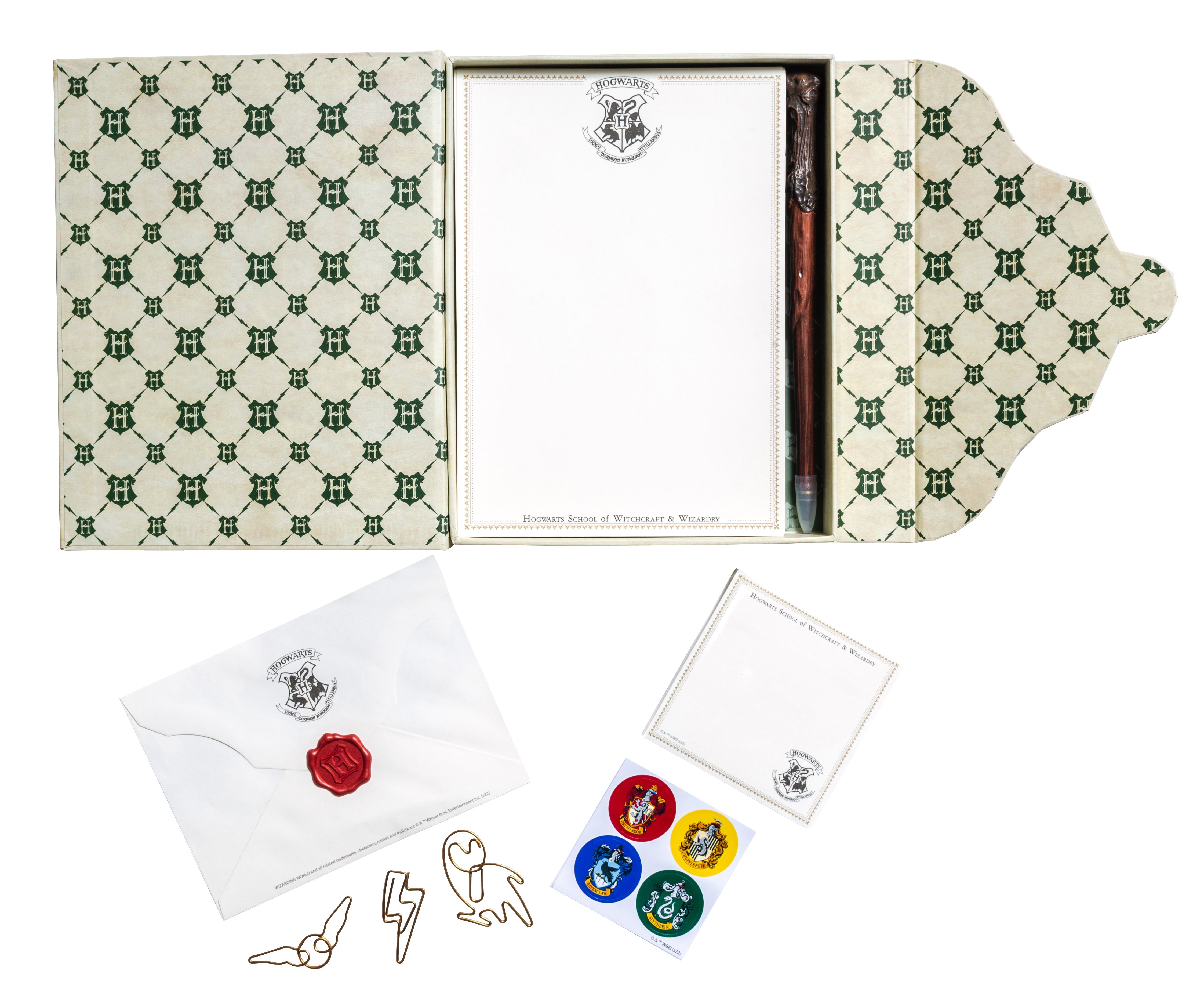 Harry Potter Hogwarts acceptance letter stationery set with wizard-themed writing paper and matching envelopes from Insight Editions.