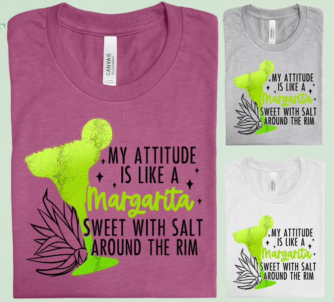 Black graphic tee from Anchored Grace Boutique featuring the phrase "My Attitude is Like a Margarita" in stylish lettering.