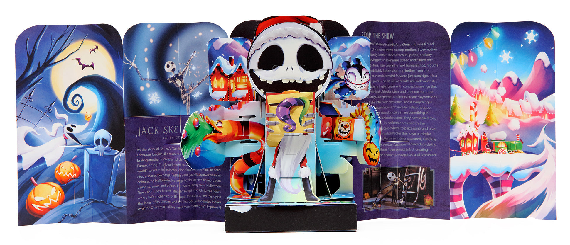 Hardcover Tim Burton's The Nightmare Before Christmas Flip Pop featuring Jack Skellington by Insight Editions, showing detailed interior pages.