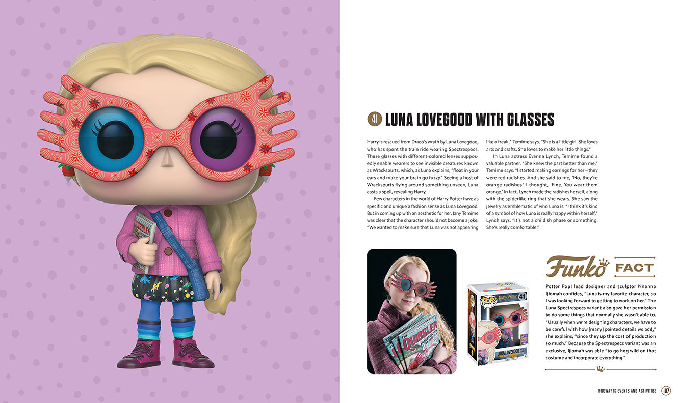 Inside view of The World of Funko Harry Potter hardcover book by Insight Editions, featuring colorful illustrations and detailed pages.