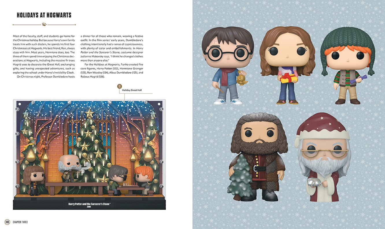 Open hardcover book from The World of Funko: Harry Potter by Insight Editions, featuring colorful illustrations and interior pages.