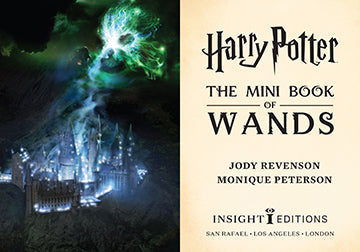 Open hardcover Harry Potter: The Mini Book of Wands by Insight Editions, showing illustrated pages with wand designs and descriptions.